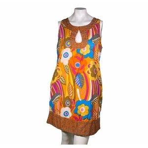 Sabby Anand Women's Orange Cotton Round Neck Sleeveless Knee Length Dress L